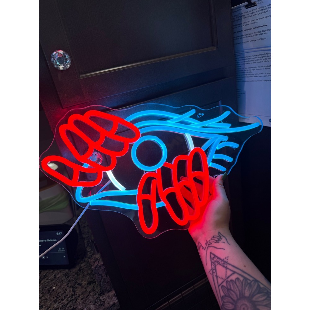 Handmade Surrealist Eye LED Neon Sign Red Hands Holding Eye Open Wall Light